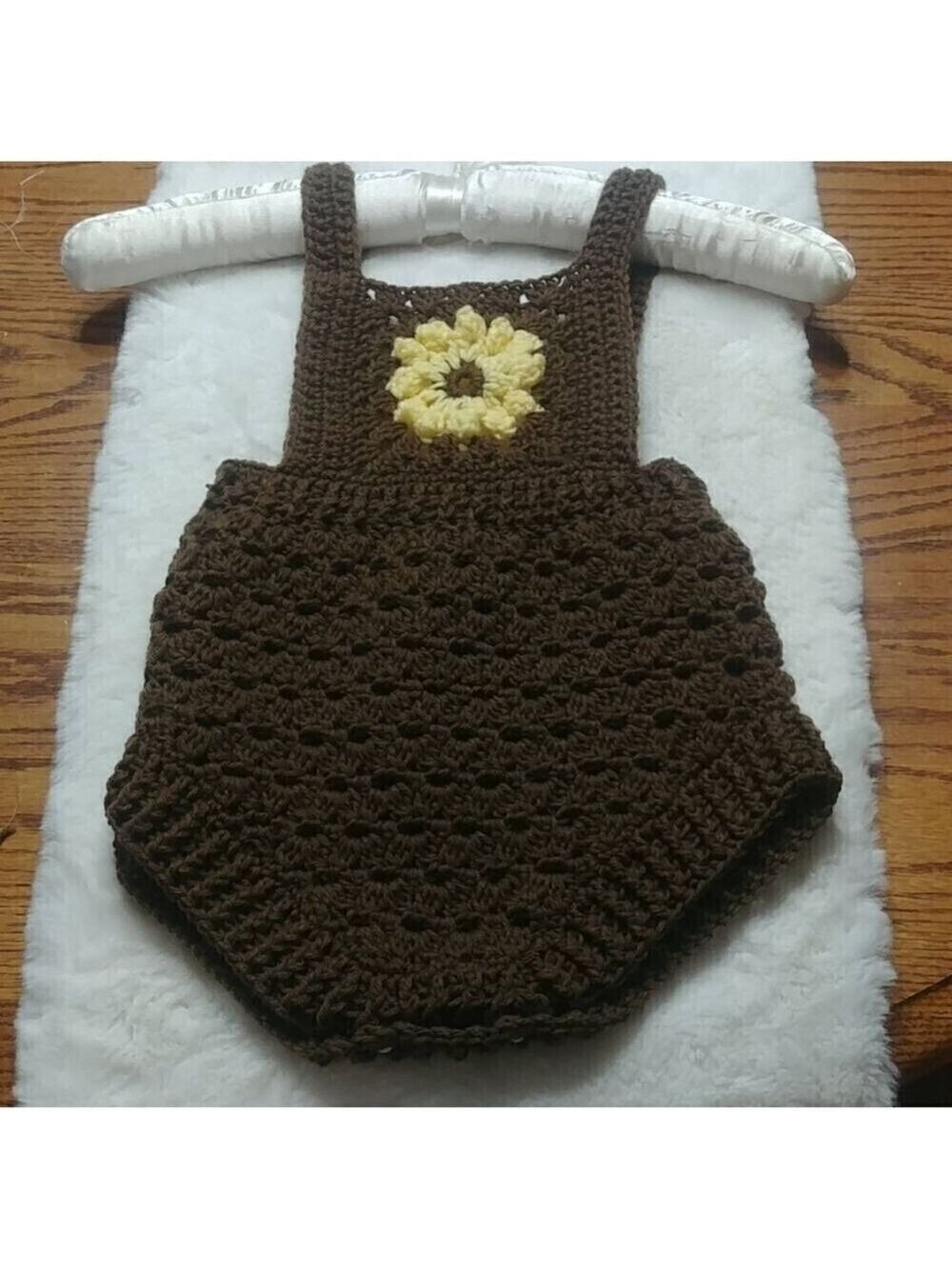 Handmade Crocheted Sunflower 12 month Baby Romper Brown and Yellow